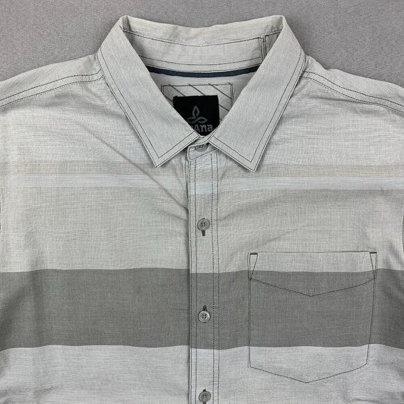 Prana Mens Shirt Medium Gray White Striped Button Up Long Sleeve Organic Cotton - Picture 2 of 9